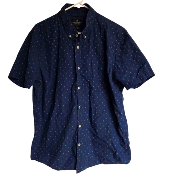 American Eagle Outfitters Men's Navy Blue Patterned Shirt XL Short Sleeve Button - Picture 1 of 5